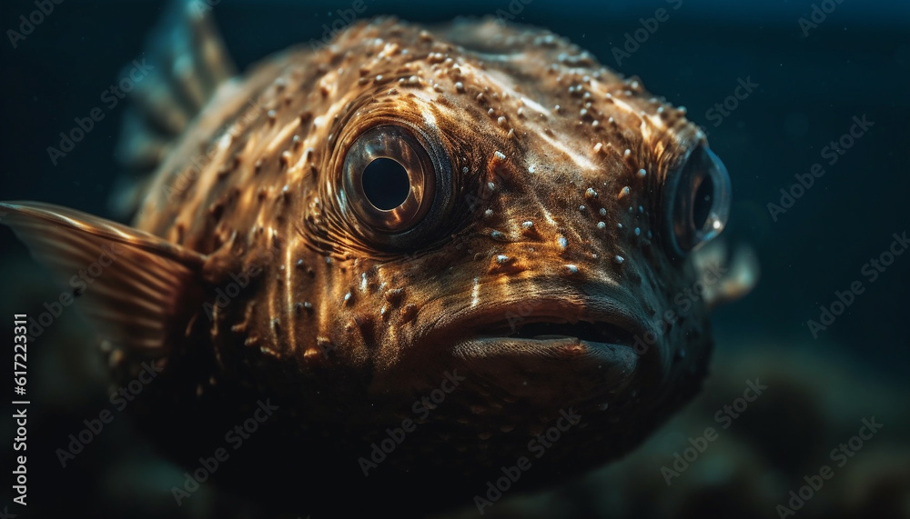 Close up portrait of cute yellow balloonfish below underwater reef generated by AI