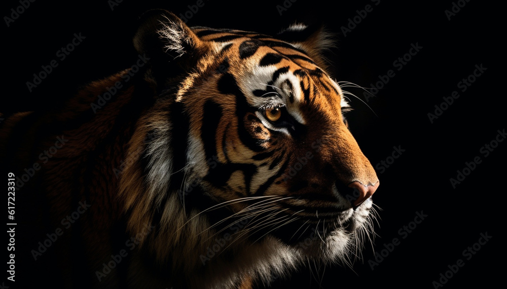 Majestic Bengal tiger staring with aggression in tropical rainforest generated by AI