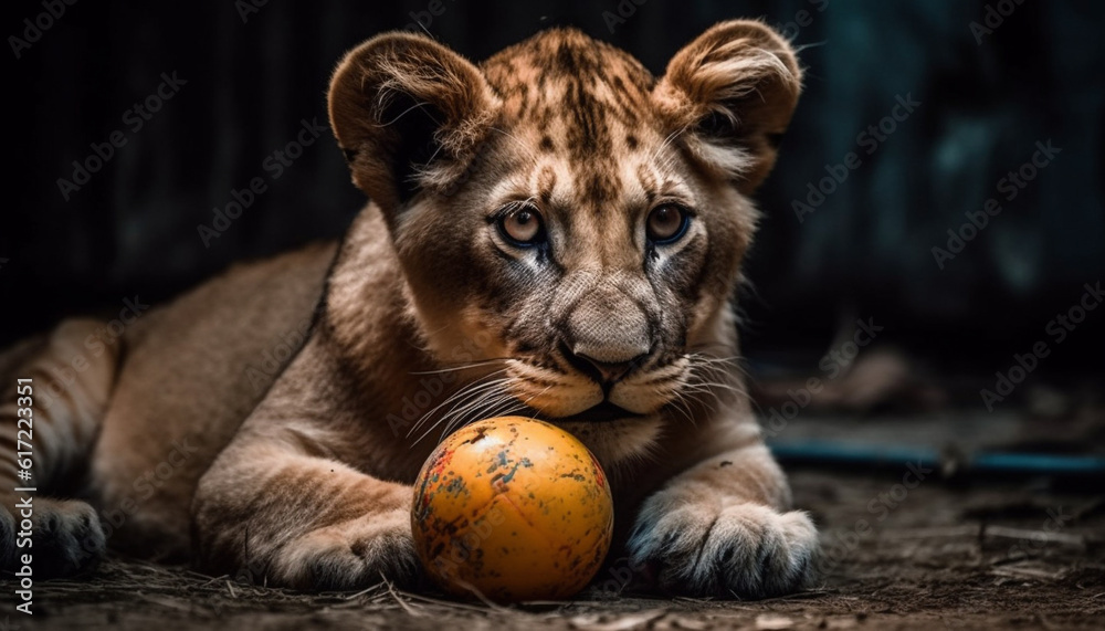 Fluffy young Bengal tiger playing with toy ball indoors generated by AI