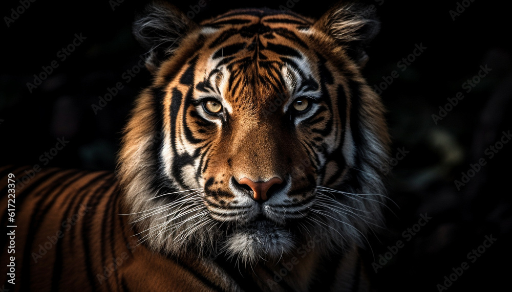 Majestic tiger staring with aggression, beauty in nature tranquility generated by AI