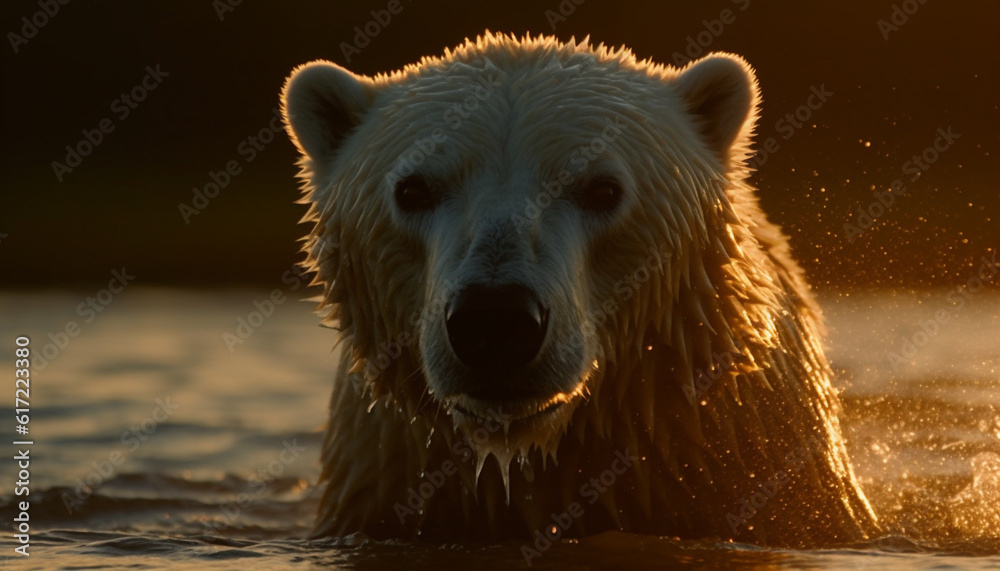 Retriever fur shines in sunlight, reflecting arctic beauty in nature generated by AI