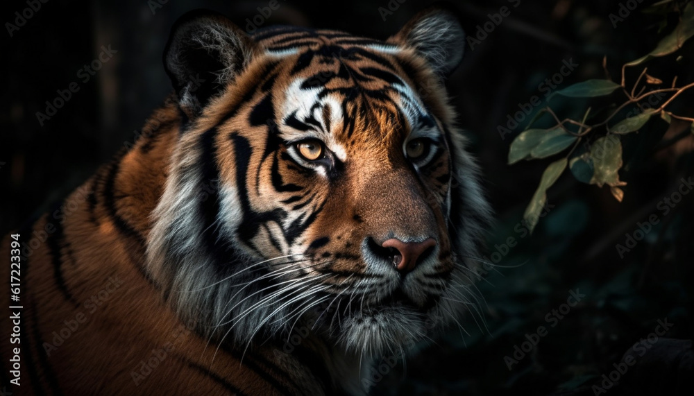 Beautiful Bengal tiger staring fiercely in the tropical rainforest generated by AI