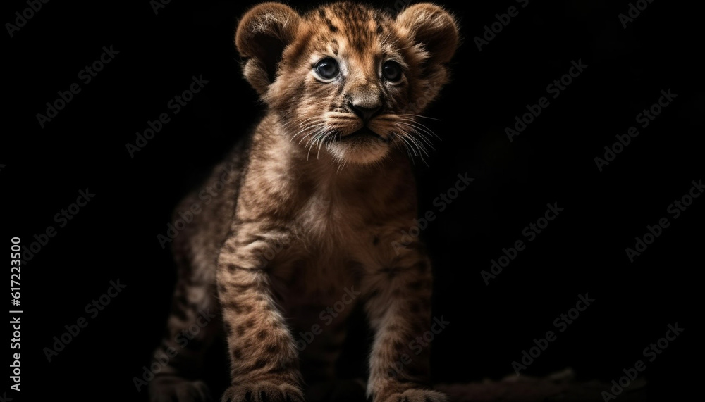 Endangered Bengal tiger cub staring, playful and majestic in studio generated by AI