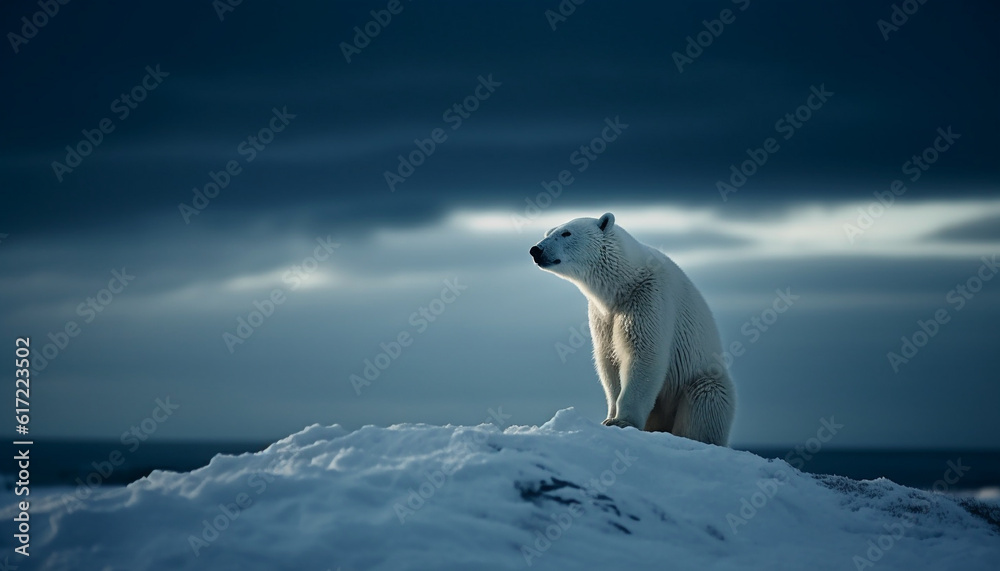 Majestic arctic mammal standing on ice floe in tranquil scene generated by AI