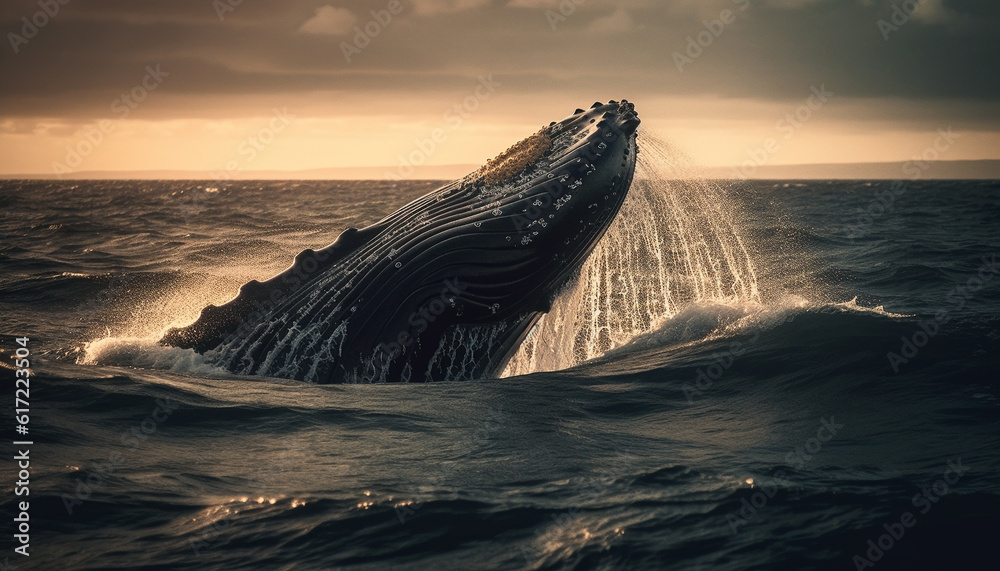 Humpback whale tail splashing in the blue sea at sunset generated by AI