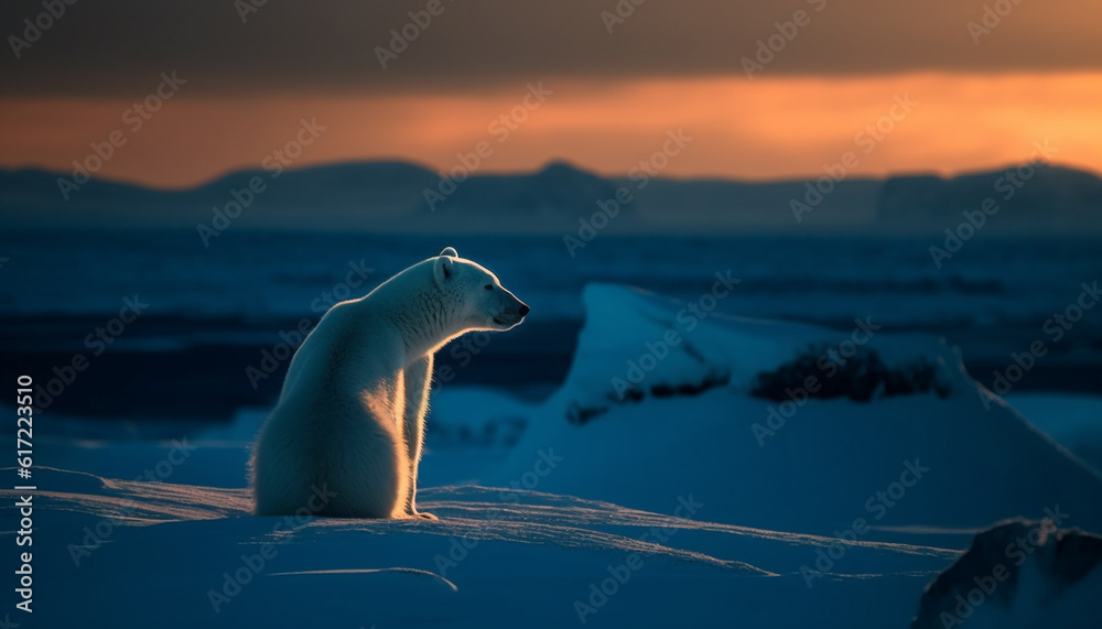 Majestic arctic mammal on tranquil ice floe at sunset generated by AI