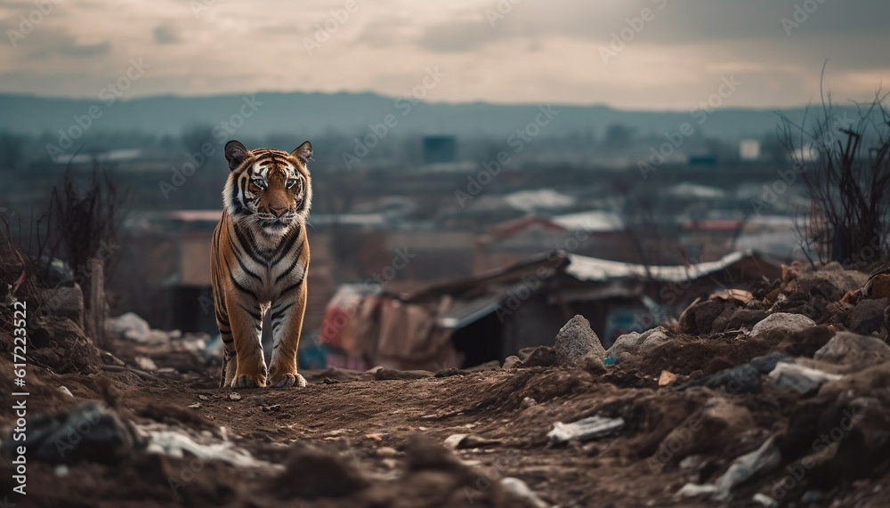 Majestic Bengal tiger walking in the wild, hiding in grass generated by AI