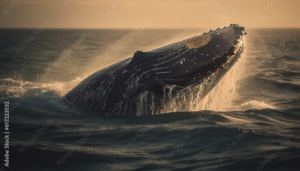 Idyllic sunset on tropical coastline, humpback whale breaching in motion generated by AI