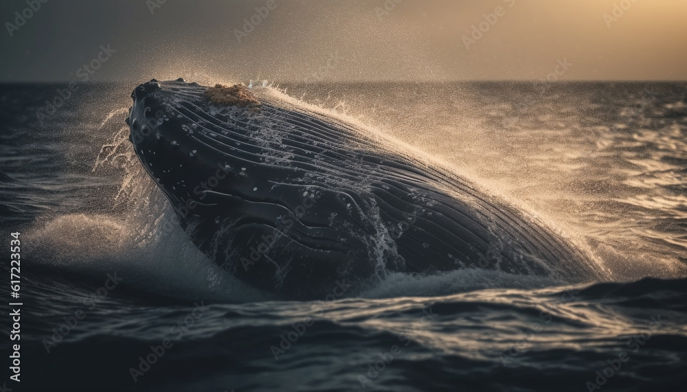 Sunset surfers spray blue waves, splashing in nature beauty generated by AI