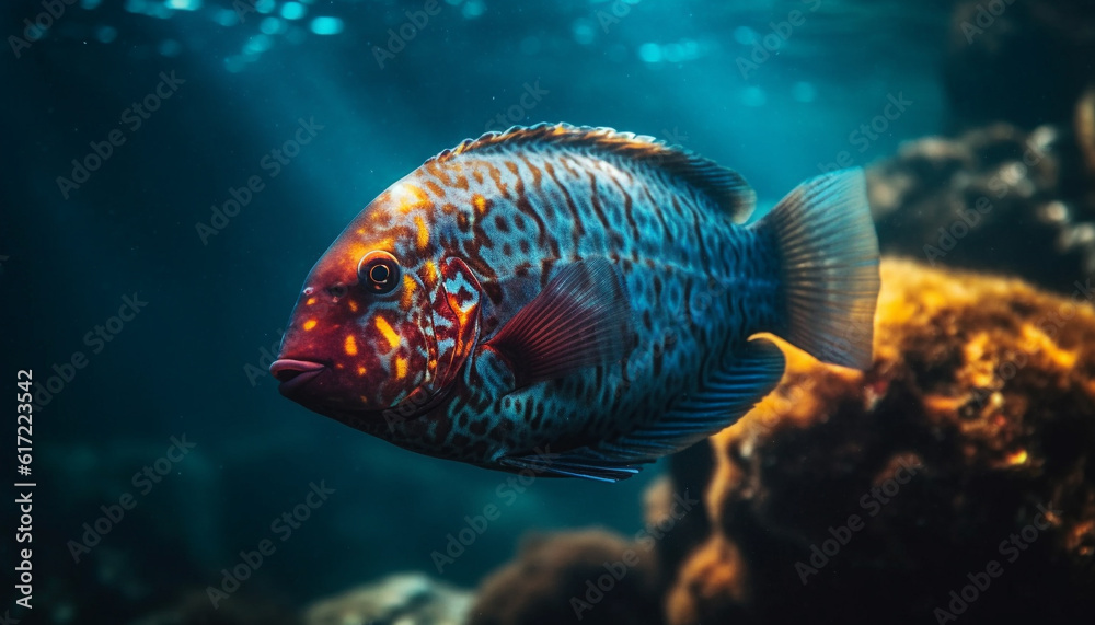 Multi colored fish swim in tranquil underwater reef, showcasing natural beauty generated by AI