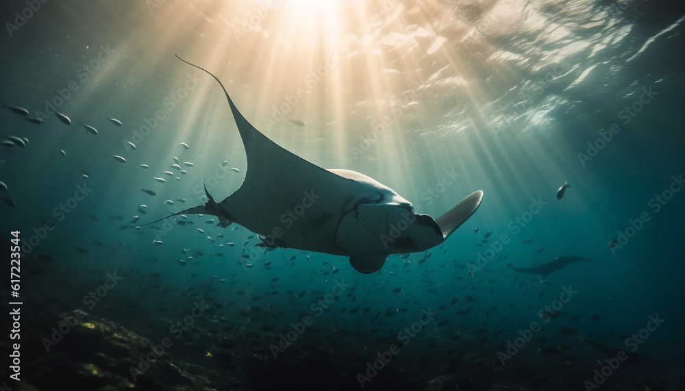 Majestic turtle swims below transparent blue water in tropical reef generated by AI