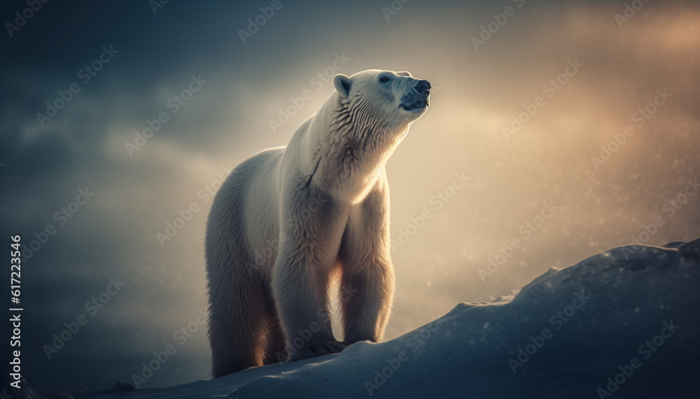 Majestic arctic mammal standing on ice floe in tranquil sunset generated by AI