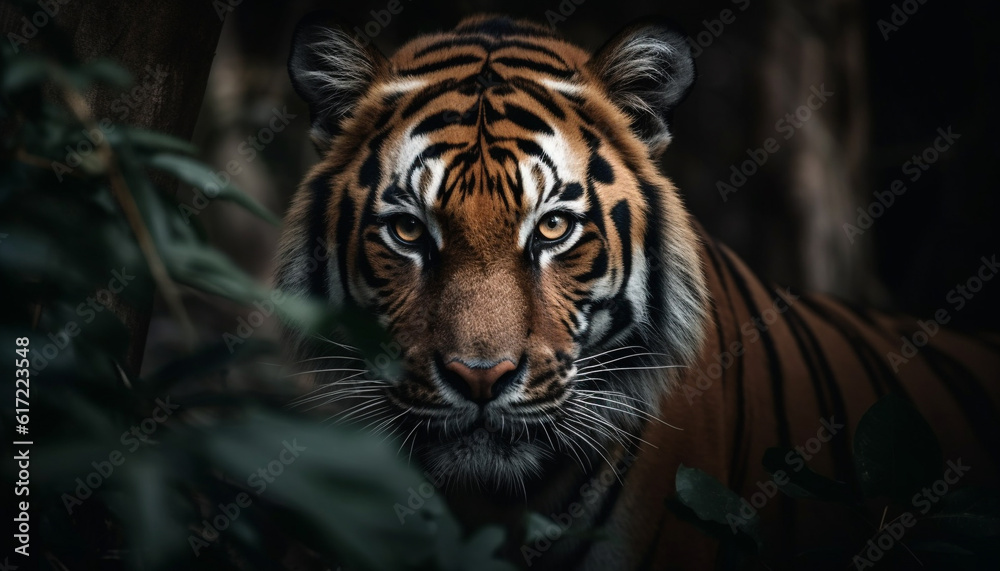 Bengal tiger staring, majestic beauty in nature tropical rainforest generated by AI