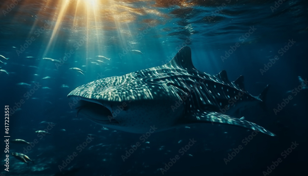 Majestic whale shark swimming in tranquil blue tropical waters generated by AI