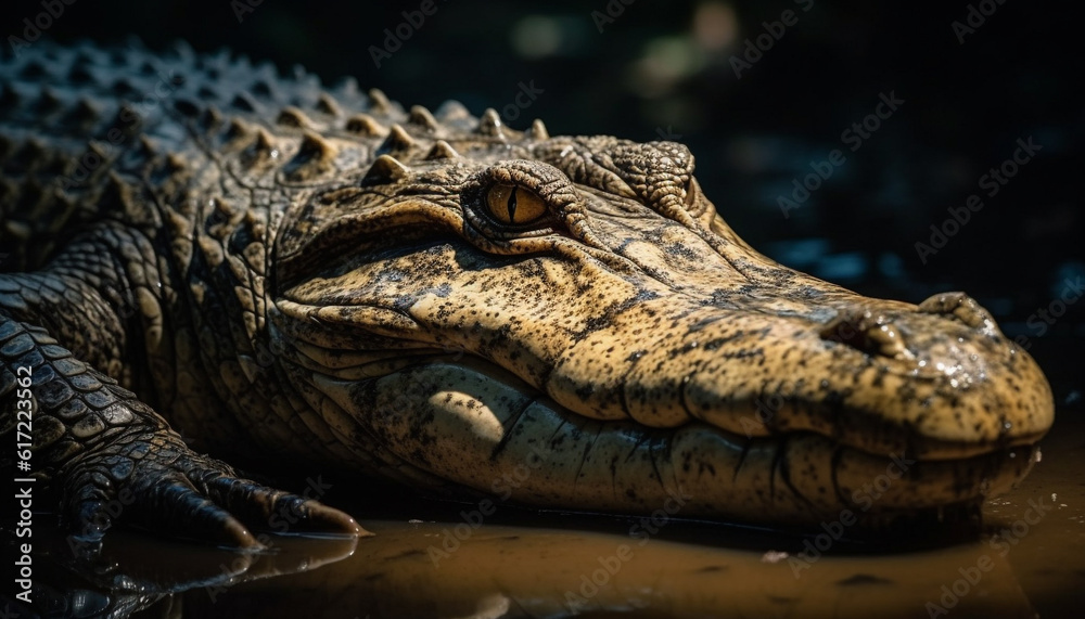 Large crocodile resting in swamp, its teeth and eye visible generated by AI