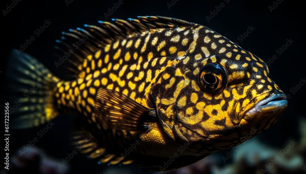 Vibrant yellow and gold striped fish swimming in saltwater reef generated by AI