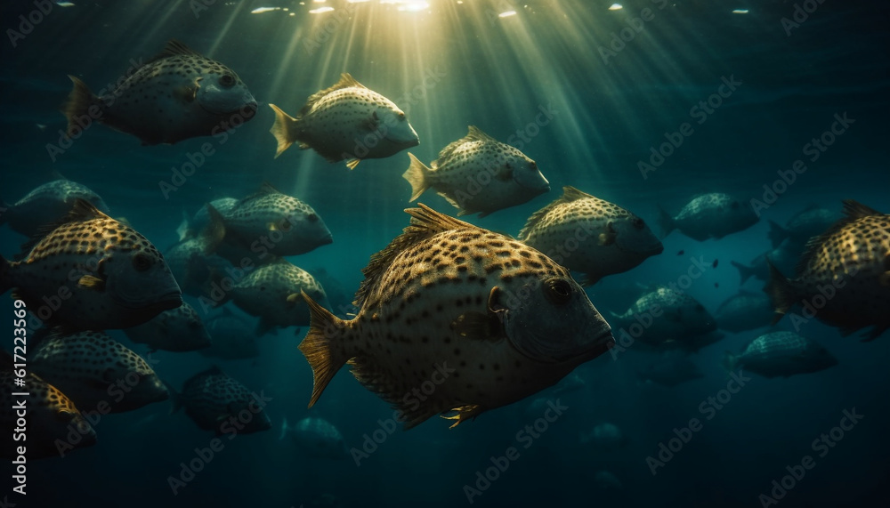 Colorful school of fish swim in majestic underwater reef landscape generated by AI