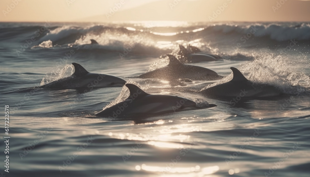 Playful dolphins splashing in the blue sea at sunset generated by AI