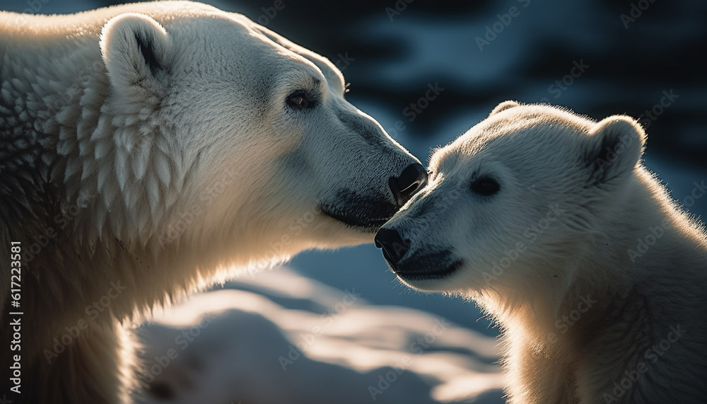 Cute bear cub plays in icy water, reflecting arctic tranquility generated by AI