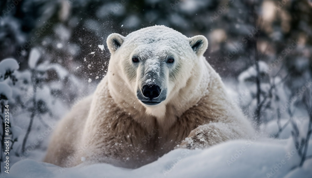 Cute arctic mammal in snowy wilderness, endangered and motionless portrait generated by AI