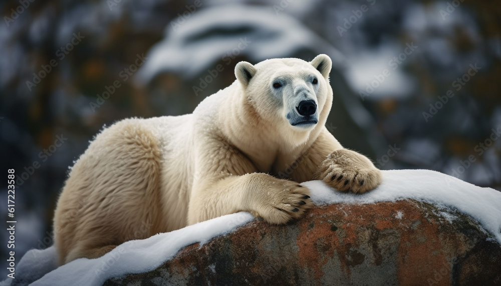 Fluffy panda sitting in tranquil scene, looking at camera generated by AI