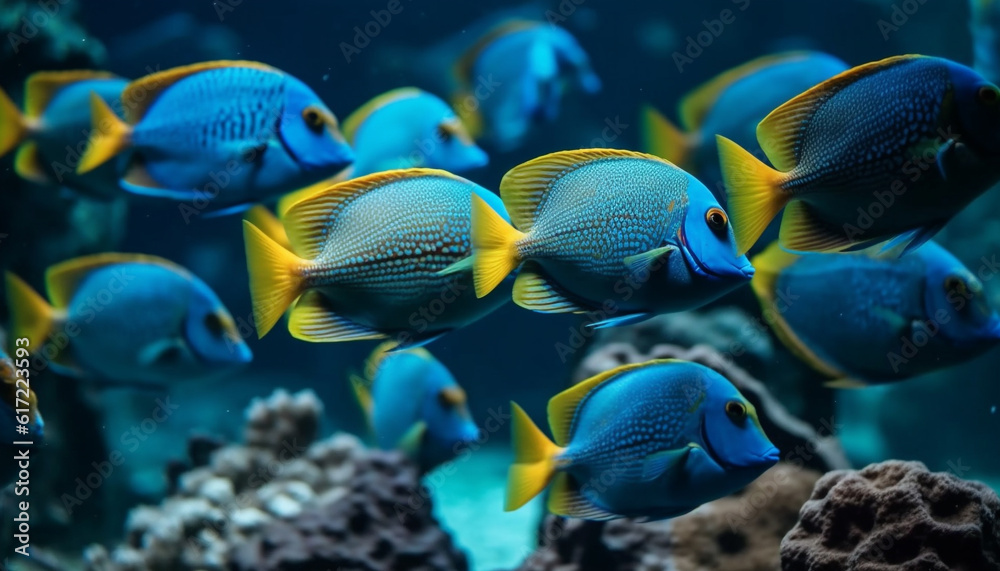 School of multi colored fish swim in natural underwater beauty generated by AI