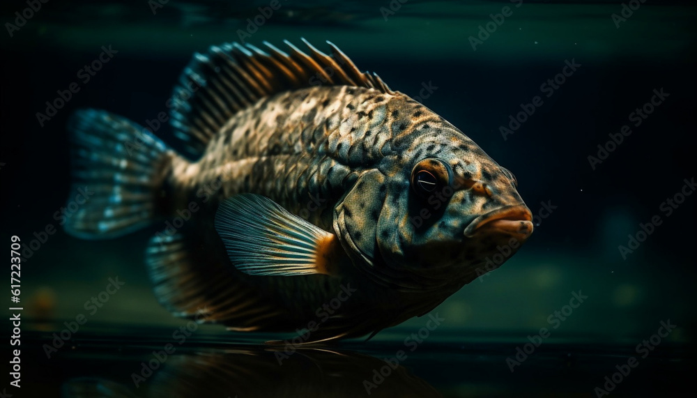 Colorful striped fish swims in tropical reef, surrounded by sea life generated by AI