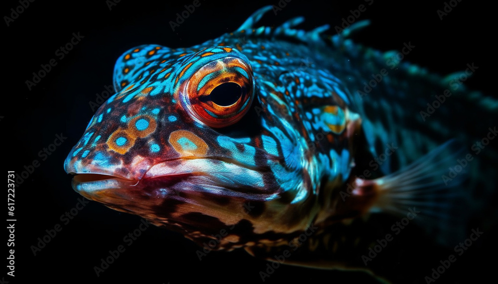 Close up of a multi colored reptile eye in underwater reef generated by AI