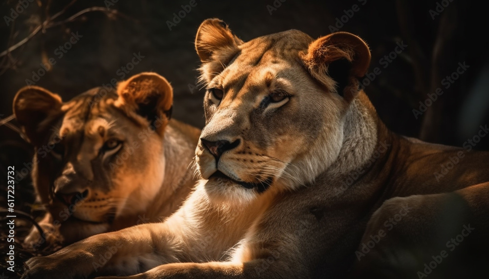 Majestic lioness staring, close up portrait, beauty in nature, wildlife reserve generated by AI