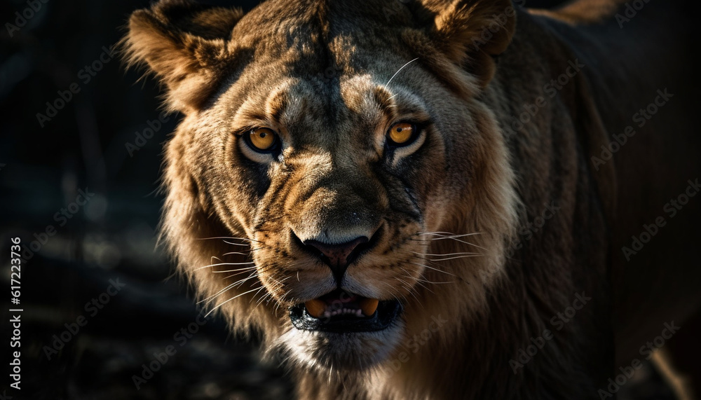 Majestic lioness staring at camera in African wilderness savannah generated by AI