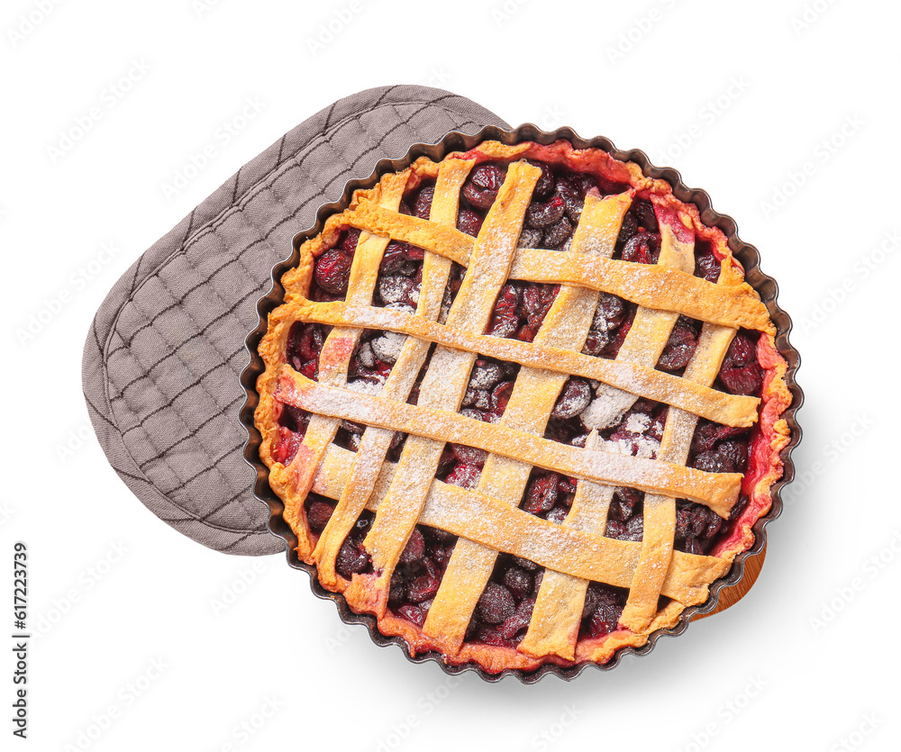 Baking dish with tasty cherry pie on white background