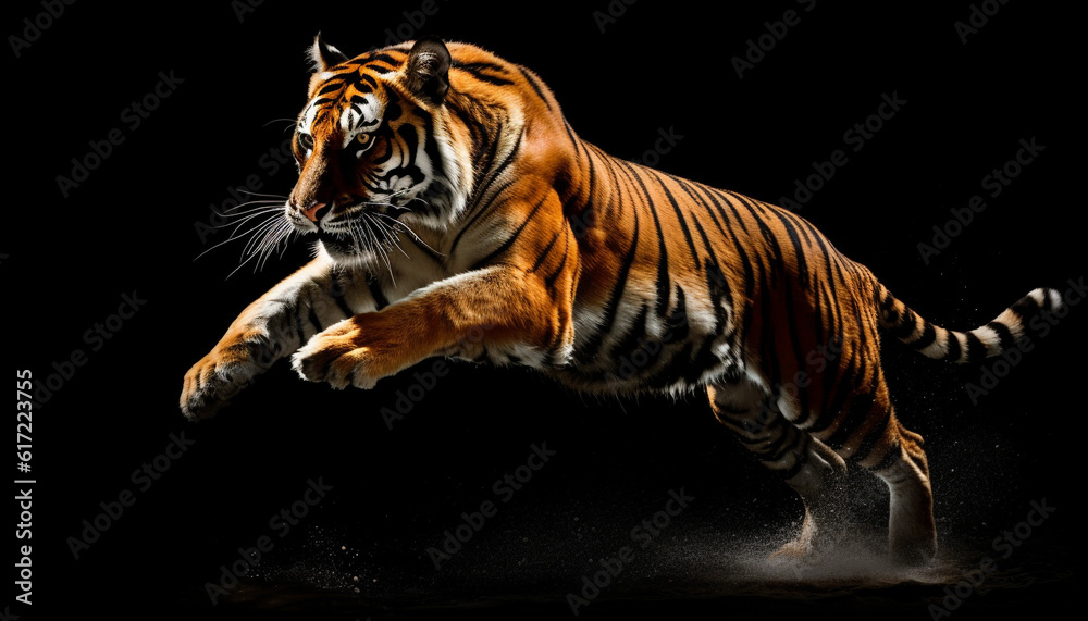 Bengal tiger walking staring, fierce, majestic, striped fur generated by AI