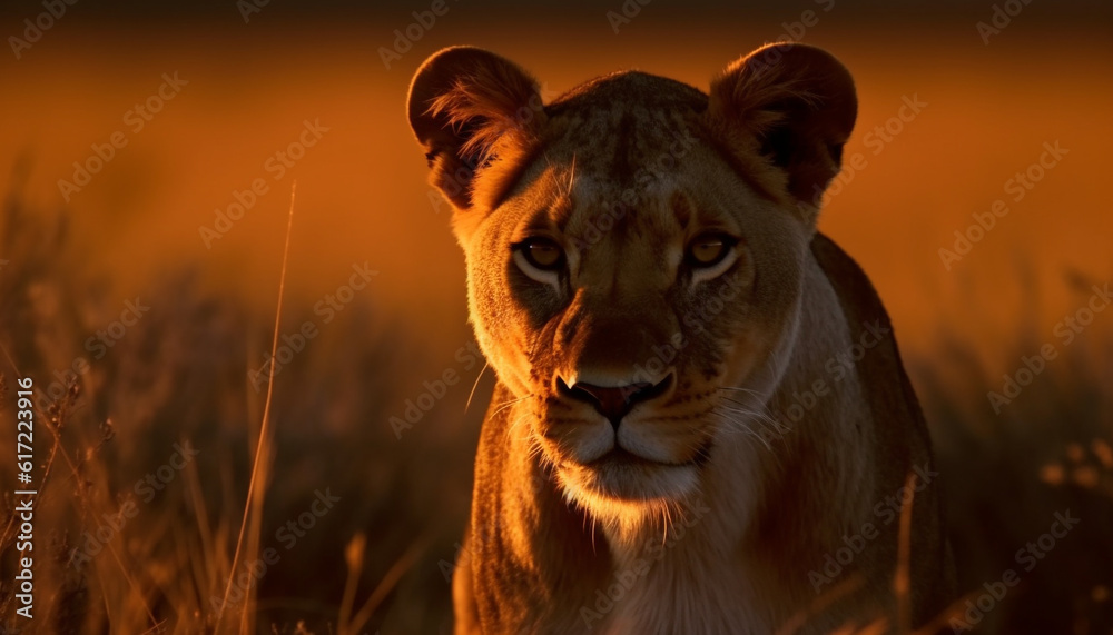 Majestic lioness hides in the grass, looking at camera at dusk generated by AI