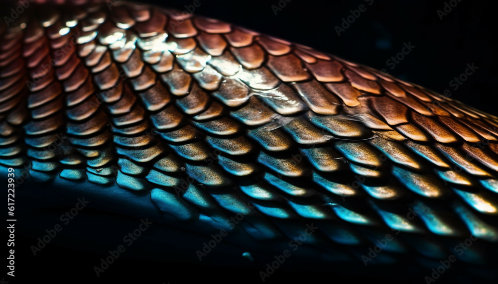 A multi colored lizard tail reflects in the blue underwater background generated by AI