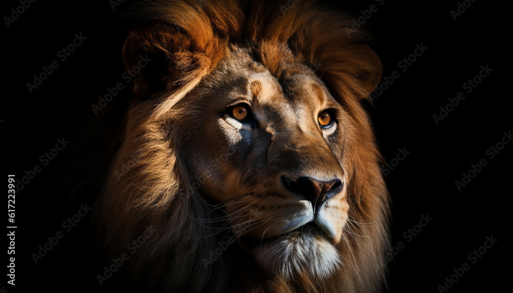 Majestic lion staring at camera, fur and mane in focus generated by AI