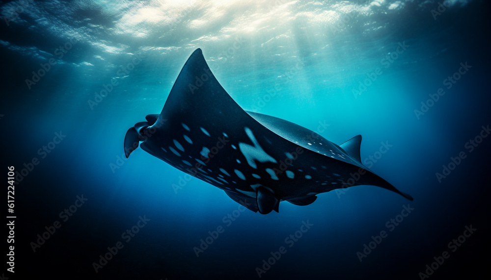 Majestic manta ray swimming in deep blue underwater mystery generated by AI