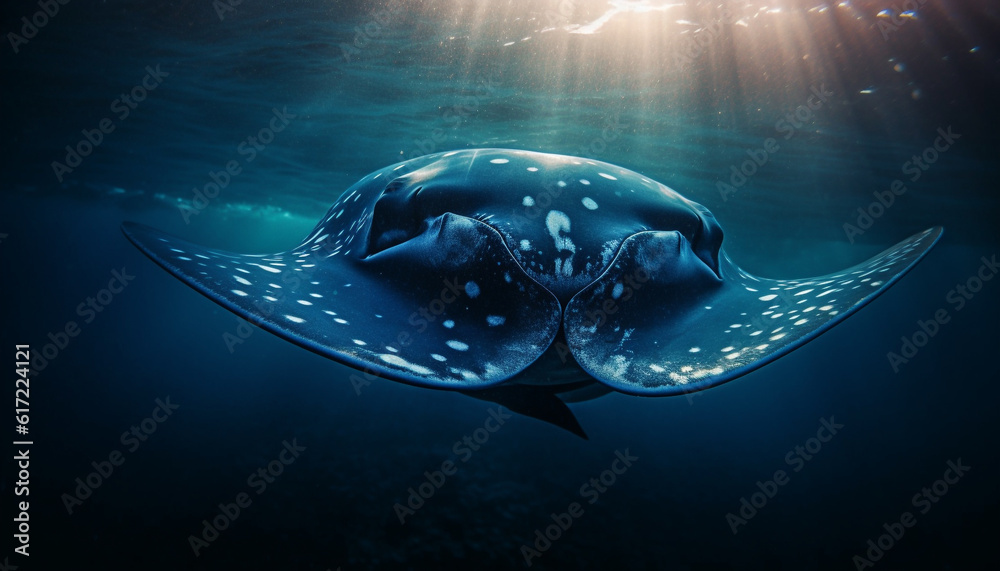 Majestic giant manta ray swimming in deep blue underwater generated by AI