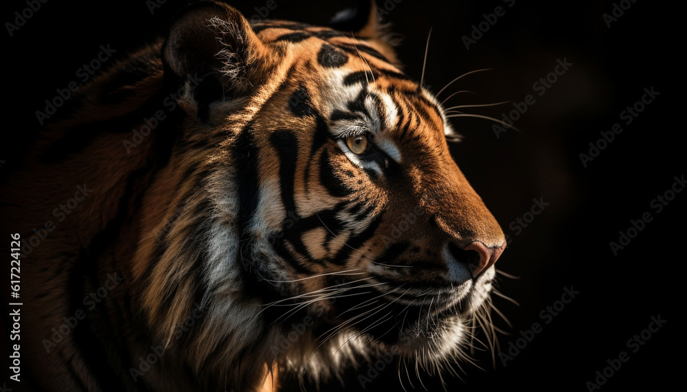 Majestic Bengal tiger staring with aggression, black patterned fur, close up generated by AI