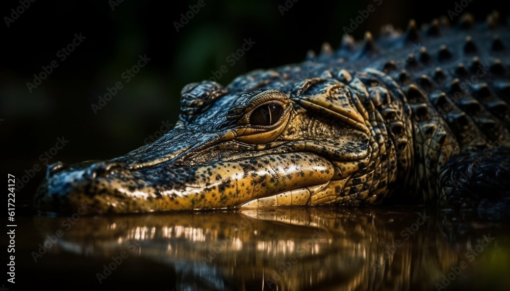 Crocodile resting in wetland, danger lurking in tropical climate generated by AI