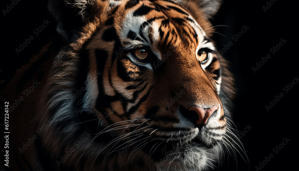 Majestic Bengal tiger staring with aggression, in black background generated by AI