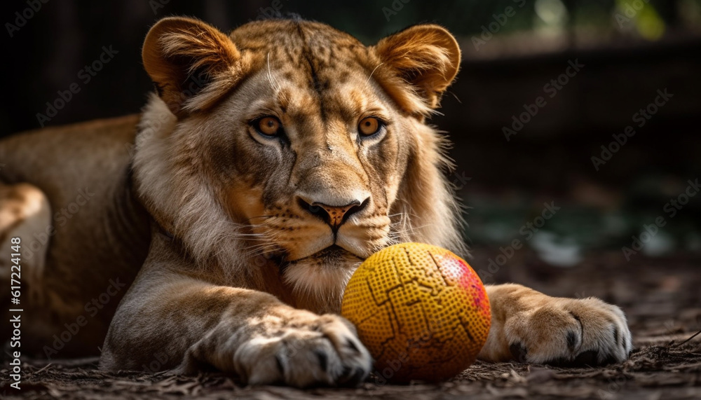 Majestic lion playing in the grass, looking at camera with alertness generated by AI