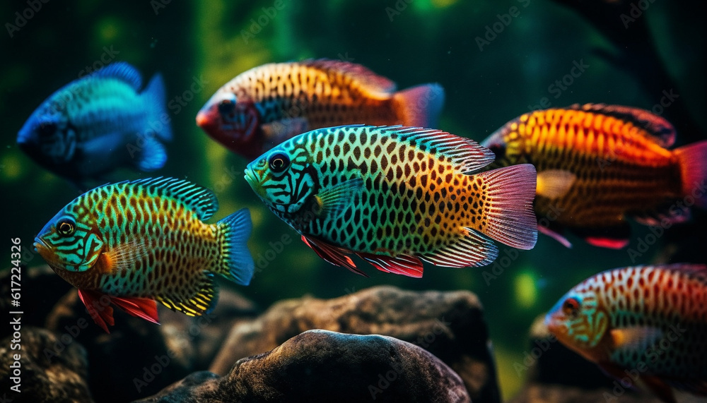 Multi colored striped school of fish swim in natural beauty below generated by AI