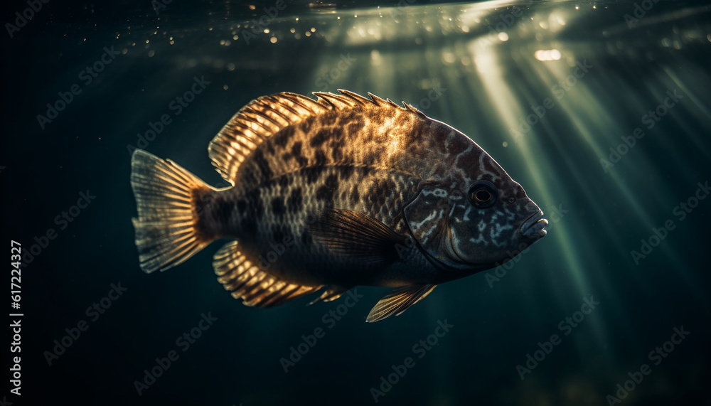 Multi colored fish swim in tropical reef, below blue water generated by AI