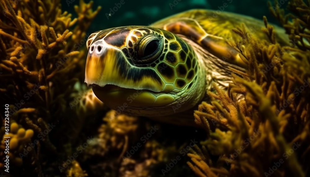 Close up of a cute sea turtle swimming in tropical waters generated by AI