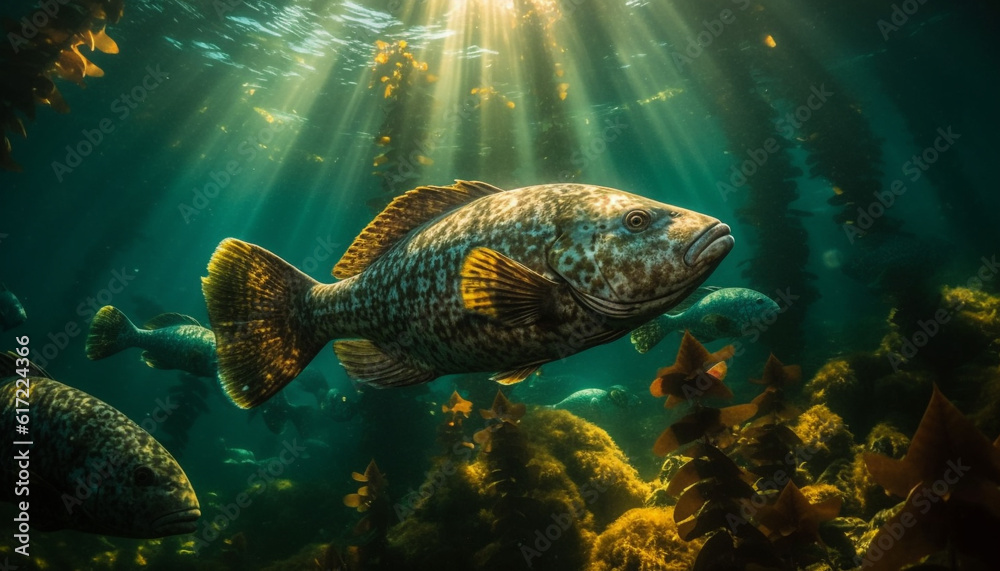 Yellow fish swimming in large school below tranquil coral reef generated by AI