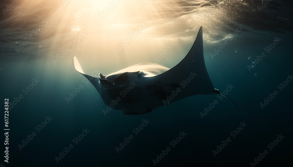 Majestic manta ray swims in tropical reef, below blue water generated by AI