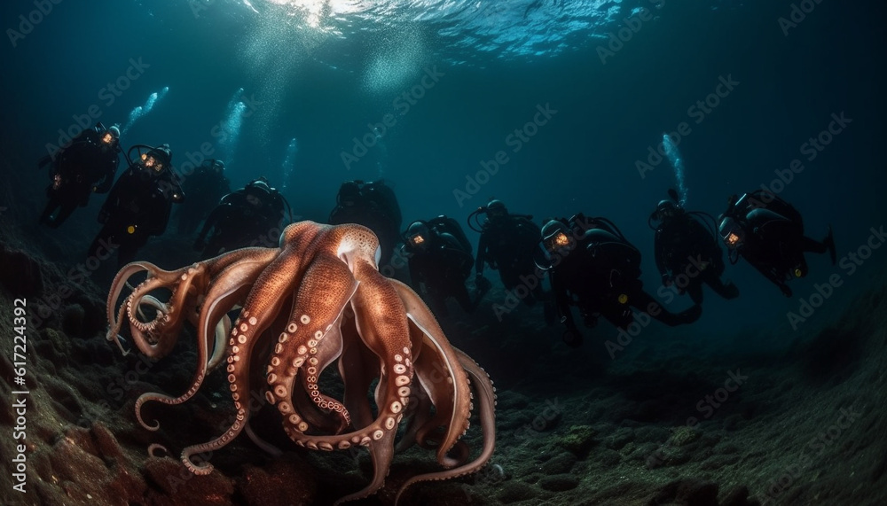 Silhouette of large underwater animal in multi colored reef landscape generated by AI