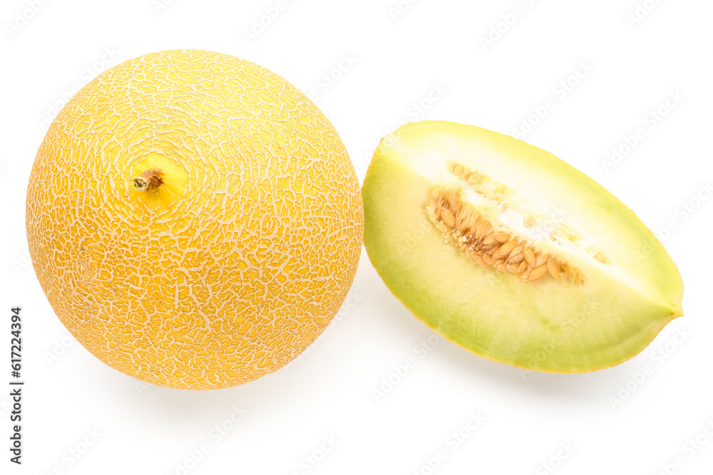 Sweet melon with piece on white background