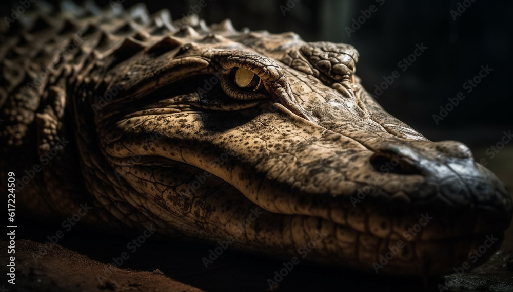 Poisonous crocodile fierce eyes and teeth in close up portrait generated by AI