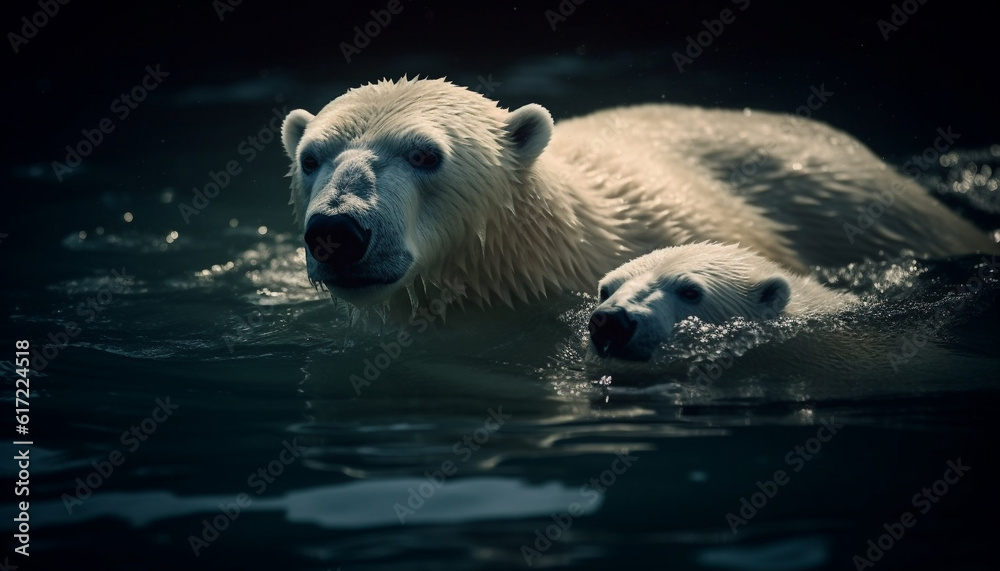 Large furry mammal looking at camera in Arctic winter reflection generated by AI